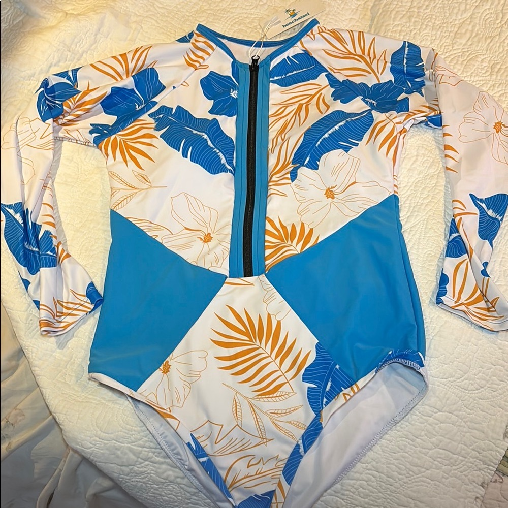 Blue and Orange Long Sleeve Rashguard with Front Zipper